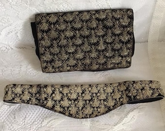 Vintage 1950's 1960's Clutch Evening Handbag With Matching Belt Black Velvet Metallic Thread &Metallic Coiling Wire Made In India