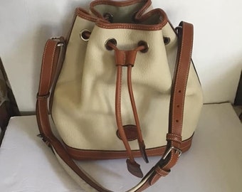 Vintage 1990's Y2K Purse Drawstring Shoulder Bucket Bag *Dooney & Bourke* Bone And British Tan Colors Authentication # AO 592193