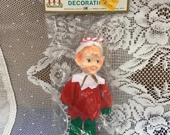 Vintage 1960's Elf Pixie Shelf Sitter Knee Hugger Christmas Ornament Decor Deadstock In Original Package Red Shirt Green Pants