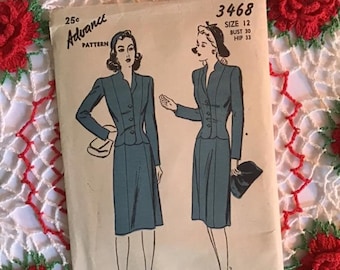 Vintage 1940's Pattern Sewing Ladies Suit/Skirt/Jacket *Advance Pattern* # 3468