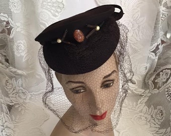 Vintage 1940's Hat Dark Brown Tilt Art Deco Style With Veiling And Beads Adorn The Front *New York Creation* Label Sold As Is!