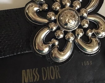 Vintage Early 1970's Belt *MISS DIOR* Designer Black Leather Large Silver COLOR Buckle Gorgeous!