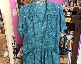 Vintage 1940's Dress Cold Rayon Blue With Black And White Design *Kerrybrooke Fashions* Rhinestone Buttons