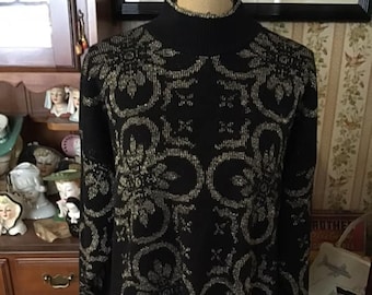 Vintage 1980's Sweater Pullover Black With Bright Gold Color Lurex *ARIELLE* Made In USA