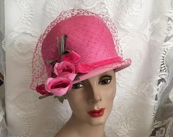 Vintage 1960's Hat Pink Straw With Pink Flowers Netting Covers Crown