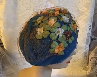 Vintage 1950's 1960's Hat Homemade Light Teal Color Sheer Fabric Over Blue Peach Brown And White Flowers Has Netting
