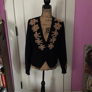 Vintage 1990&#39;s Y2K Sweater/Jumper Cardigan *JOYE + Fun* Lambswool Angora Nylon Dark Black With Shiny Gold COLOR Beads Tagged Size Large