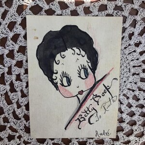 Vintage 1930's Card *Betty Boop* Dibujo en una tarjeta de felicitación hecha a mano casera dibujada por alguien llamado Andre'