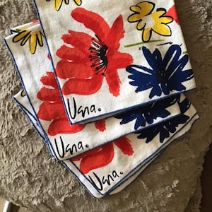 Vintage 1960's Napkins Cotton Cloth Set Of 3 Floral Designer Name In Corner