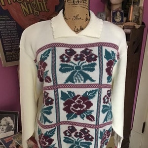 Vintage 1980's 1990's Sweater Pullover Off White With Plum Teal Flowers And Bows CAPE COD Sportswear image 1