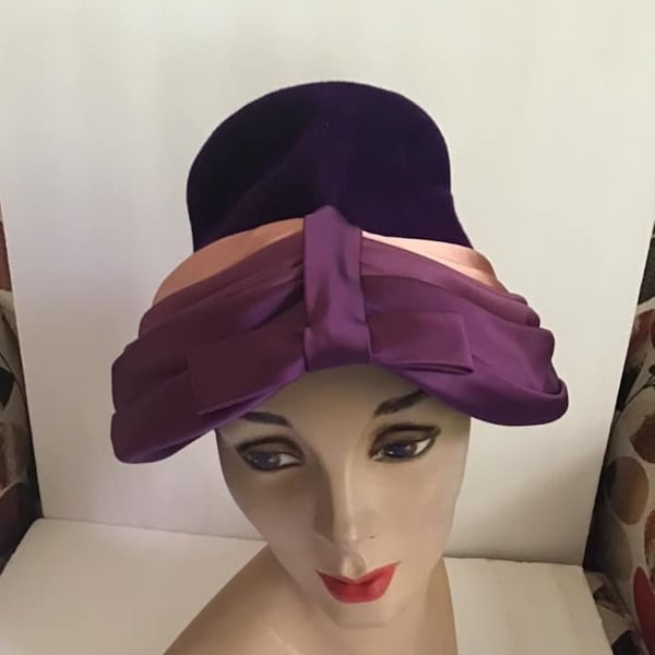 Vintage 1950's 1960's Hat Rich Purple With Two Layers Of Satin Comes With A Black Hat Pin