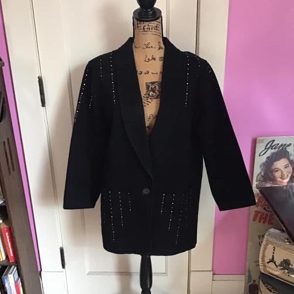 Vintage 1990's Jacket Dark Black Cotton Denim Adorned With Rhinestones *Simply Hot* Label Size On Tag Is Medium