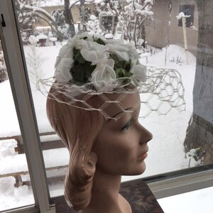 Vintage 1960's Hat White Floral Pillbox Adorned In Unique Veiling *Hats A La Carte Marshall Field & Company*