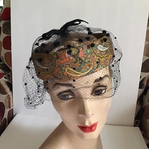 Vintage 1960&#39;s Hat Pillbox Ringlet Paisley Print With Gold Lurex Black Veiling Beautiful Autumn Colors