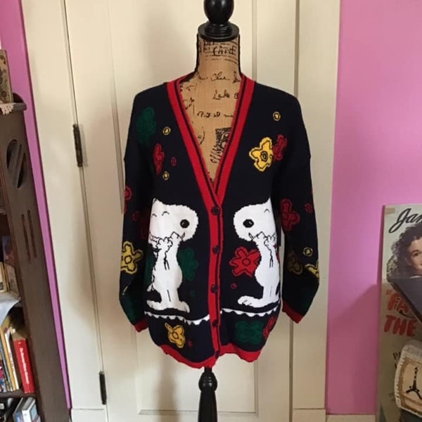 vintage 1990's Pull Pull Cardigan Bouton Down Célèbre Cartoon Dog 100% Acrylique Tagged Taille Large