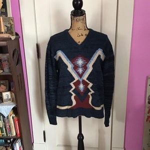 Vintage 1970&#39;s Sweater Pullover *Kmart* Light Blue/Black 100% Acrylic Size Tag Reads Large