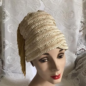 Vintage 1960's Hat Turban Style Handmade/Homemade White With Sparkly Gold Color And Fringe Adorning The Side