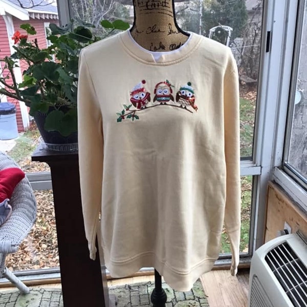 Vintage 1990's Y2K Sweatshirt Pullover Creamy Yellow "UGLY" Christmas Xmas Holiday Adorned With Owls Tagged Size XL Sold As Is!