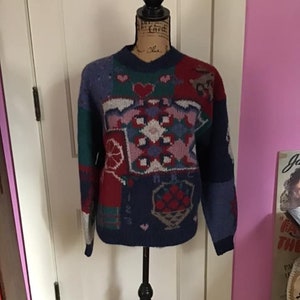 Suéter y2k vintage 1990, pulôver, todo em lã * corações, animais, casas, roda giratória * decoração etiquetada tamanho m