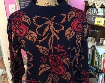 Vintage 1970's 1980's Sweater *Dana Scott* Deep Dark BLUE With Red And Copper Color Flowers/Leaves/Bows Sparkly Threads Throughout