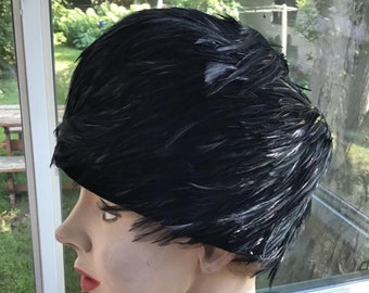 Vintage 1950s 1960s Hat Dark BLACK Genuine Feathers Black Velvet Hat Base Unique Unusual Style Appears Like A Hairdo Bucket Style