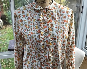 Vintage 1960s blusa Top *Laura Mae Life Blouse Lava como un Hanky* Fruso de pino de frutas diseño colores de oro naranja marrón