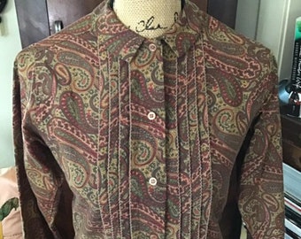 Vintage 1960s Blouse Long Sleeve Paisley Print No Label Cotton Browns/Rust/Olive Drab Colors