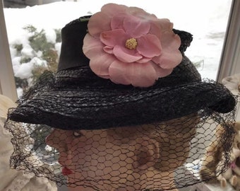 Vintage 1930's Hat Black Cellophane Straw Black Veiling Pink Flower Has Some Condition Issues Sold AS IS!