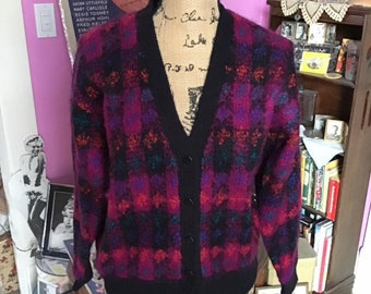 Vintage 1980's Cardigan Sweater Button Down Black/Dark Raspberry/Teal *Le MODA Knitwear* Acrylic Mohair Wool