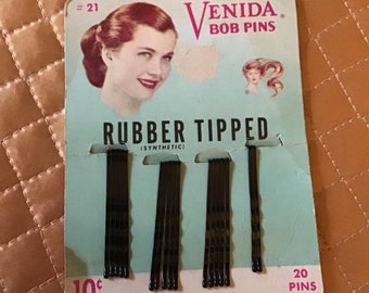 Vintage 1940s Hair Bobby Pins VENIDA BOB PINS Rubber Tipped Fabulous Graphics 17 Pins Left On Card Collectible Memorabilia Decor