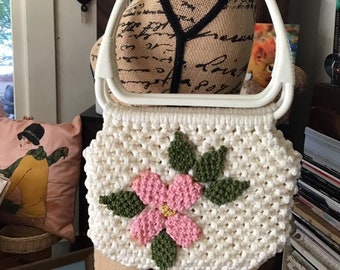 Vintage 1970s Handbag Shoulder Bag Off White Nylon Macrame' Plastic Handles Pink Flower Green Leaves Handmade Home Made Craft Project
