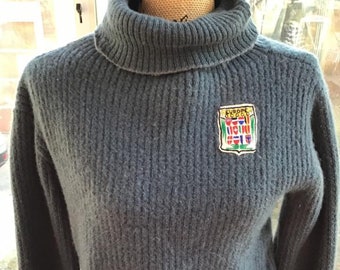 Vintage 1940's 1950's Sweater Turtleneck Steele Blue Gray *EUROPE* Emblem Patch On Front Grunge Ripped Thrashed Holey Worn Beat Condition