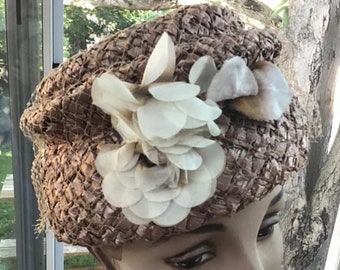 Vintage 1950s 1960s Hat Cellophane Straw With Veiling Adorned With Two Flowers Label Is: Fashioned By Barbara Ocone