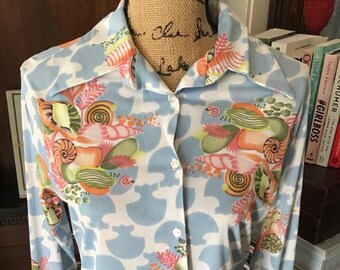 Vintage 1970s Blouse And Tank Top 2 Piece Set Disco Dance Style Seashells Conch Shells Light Blue Pink Peach Green White