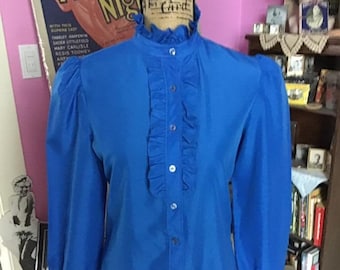 Vintage 1970's Blouse Top Blue High Collar *Lucky Winner* Made In USA