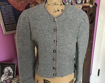 Vintage 1970's Austrian Sweater Cardigan Made Of A Gray Wool Blend Antlers/Horn Buttons Purchased In Austria In The 1970's