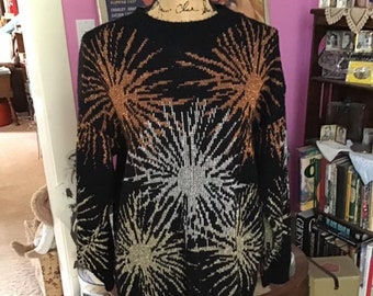 Vintage 1980's Sweater "Fireworks" And Goldberg Look Black With Gold Silver Copper Color Lurex Pullover Oversize *Dana Scott* Label