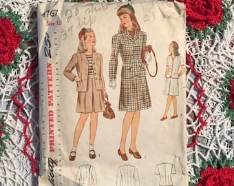 Vintage 1940's Pattern Little Girl's And Junior 2-Piece Suit (Skirt/Jacket) Simplicity Printed Pattern #4767
