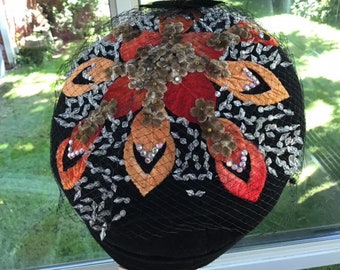 Vintage 1950's 1960's Hat Black Felt Autumn Colors Of Various Dark & Light Orange Velvet Leaves Plastic Crystals Rhinestones Fabulous hat