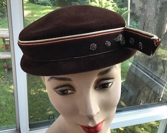 Vintage 1950s sombrero marrón con beige claro y adornos ribete naranja hechode hilo metálico más pequeñas cuentas de vidrio