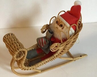 Vintage 1960's Ornament Christmas Santa With Gift Sack In Wicker Sleigh Christmas Holiday Collectible Memorabilia