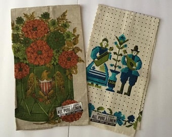 Vintage 1950's 1960's Hand Towels Deadstock/Never Used Pure Linen 'Paris Prints' Colorful Beautiful Each Sold Separately