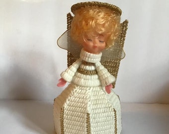 Vintage 1960's 1970's Decor Christmas Angel Tree Topper Made Of Yarn And Plastic Canvas White And Gold Colors