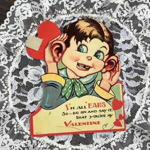 Vintage 1940s Valentine mechanische jongetje met grote oren die papier Ephemera Collectible scrapbookingateliers kunstnijverheid kunt verplaatsen