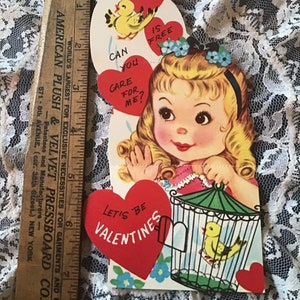 Vintage 1960's 1970's Valentine Card Little Girl With Bird In A Cage Paper Ephemera Scrap Booking Arts Crafts Re-Purpose Memorabilia