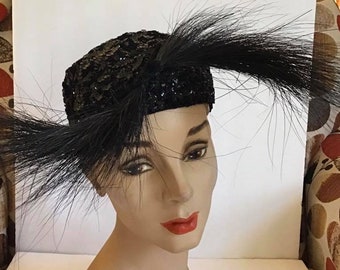 Vintage 1950's Hat FABULOUS Dark Black Sequin Hat *The Park Shop-Park Ridge*