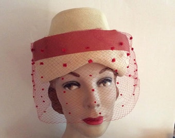 Vintage 1950s Hat Straw Veiling Chez Original
