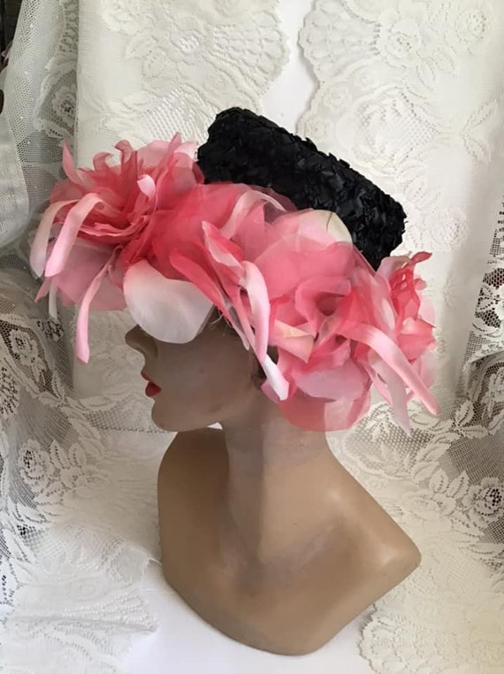 Vintage 1950's 1960's Hat Black Cellophane Straw … - image 6