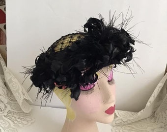 Vintage 1950's 1960's Hat Black Feathers With Small Fuchsia Color Flowers And Berries *Lyons Milwaukee*