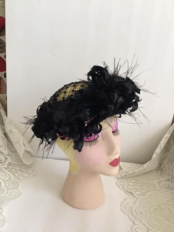 Vintage 1950's 1960's Hat Black Feathers With Smal